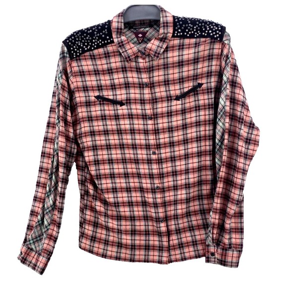 Maison Scotch Western Shirt Womens 3 Mixed Plaid Smiley Pockets Studded US 8 - Picture 1 of 15